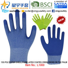 13G Polyester Shell Foam Latex beschichtete Handschuhe (L1000) Criss-Cross auf der Palme mit CE, En388, En420, Arbeitshandschuhe